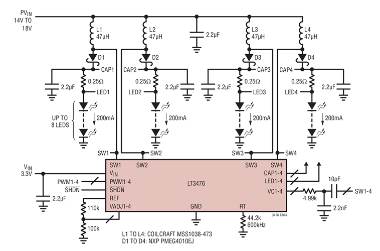 Quad Boost 200mA × 8LED Driver