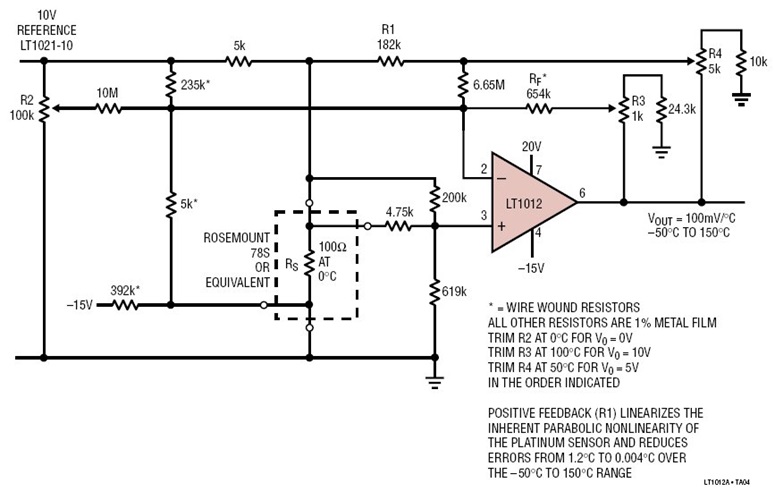 Kelvin-Sensed Temperature Sensor Amplifier for  –50°C to 150°C Platinum RTD from 10V Reference