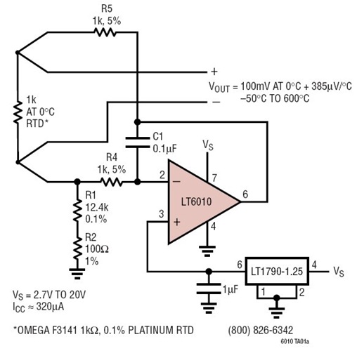 Single 2.7V to 20V Supply Current Source for –50°C to 600°C Platinum RTD