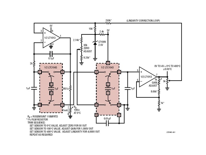 Single 5V Supply Precision Linearized 0°C to 400°C Platinum RTD Signal Conditioner