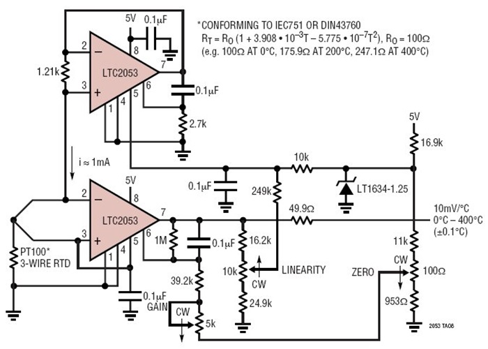 Single 5V Supply Linearized 0°C to 400°C Platinum RTD Amplifier