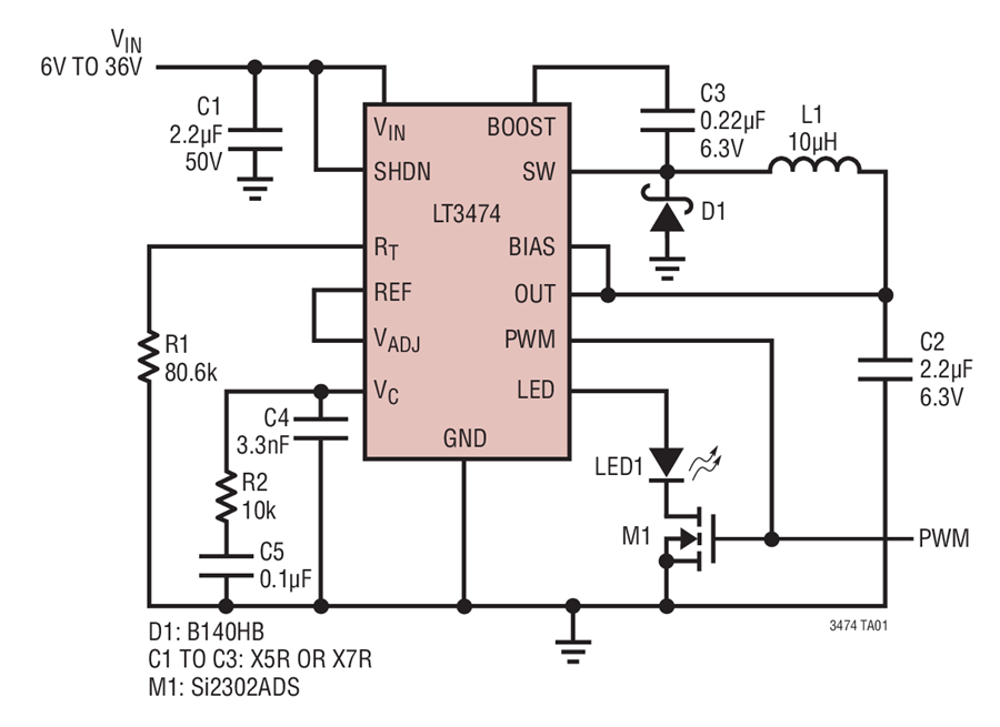 LT3474 Step-Down 1A LED Driver with PWM Dimming Circuit Collection