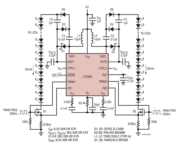 5V to 16/16 White LEDs