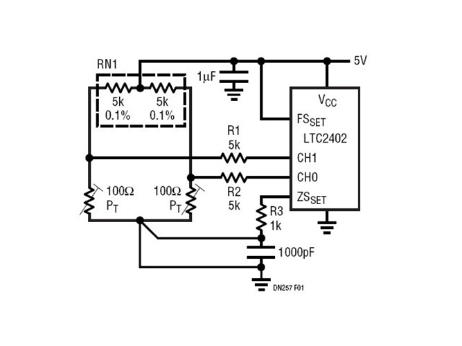2-Channel ADC Measures Differential Temperature from Bridge Configured RTDs that Eliminates Drop in Connecting Wire