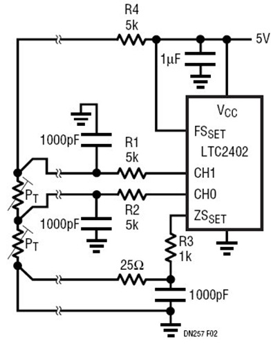 2-Channel ADC Measures Differential Temperature from Stacked Half Bridge Platinum RTD that Eliminates Half the Excitation Current and the Matching Requirements of a Full Bridge