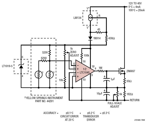 2-Wire Thermistor 0°C to 100°C Temperature Transducer with 4mA to 20mA Output