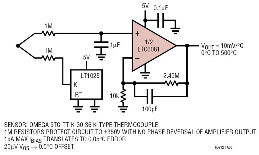  Type K Thermocouple Signal Conditioner with ±350V Protection from Accidental Contact and Cold Junction Compensation