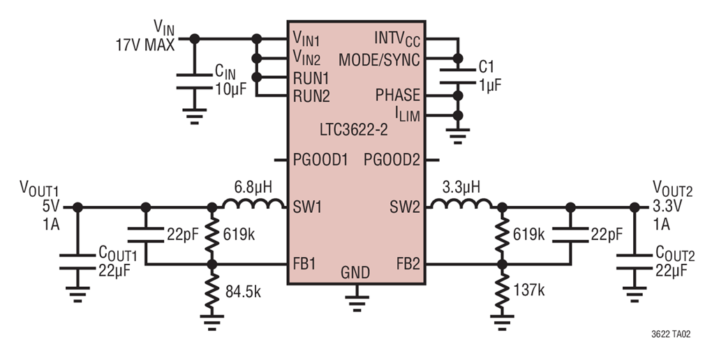 5V/3.3V VOUT, Burst Mode Operation, In-Phase Switching