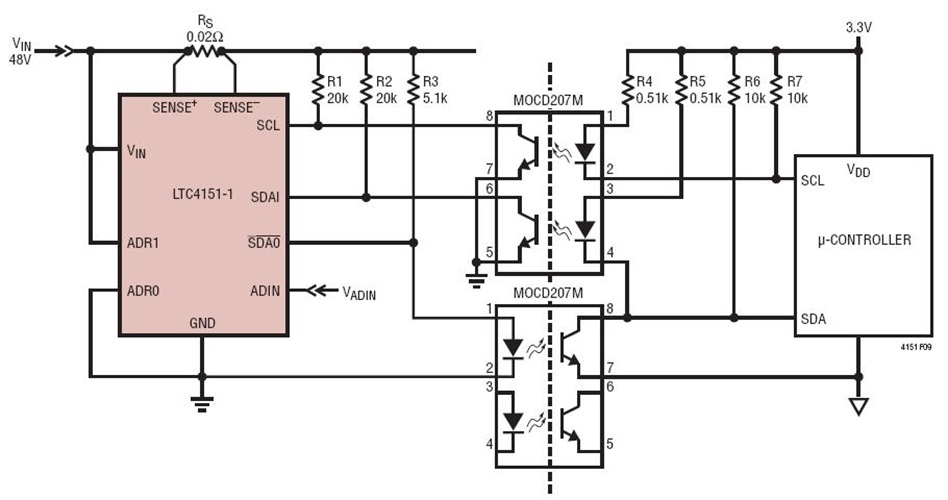 48V Power Monitor With Opto-Isolated Serial Interface