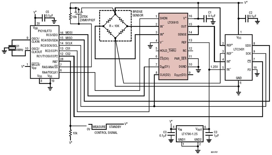 Differential Bridge Amplifier with Gain Programmed through the Serial Interface and Analog to Digital Conversion (Standby Current Less than 100μA)