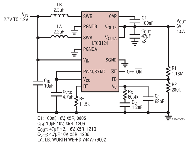 Single Li Cell to 6V, 9W, 2.2MHz Synchronous Boost Converter for RF Transmitter