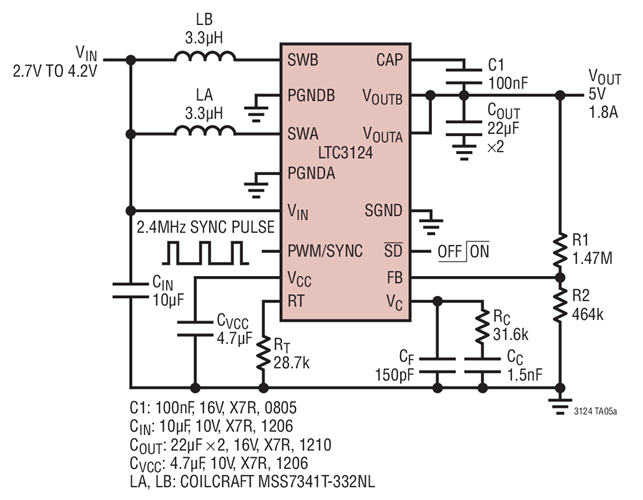 Single Li Cell to 5V, 1.8A Synchronized 1.2MHz Switching Boost Converter for RFPA Power Supply