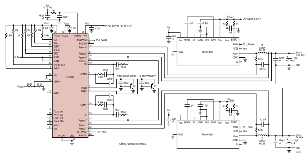 1V/40A and 1.8V/30A 500kHz Converter with DrMOS Power Stage