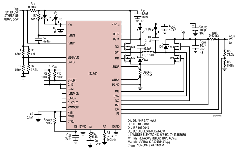 98% Efficient 60W (12V 5A) Voltage Regulator Runs Down to 3V VIN