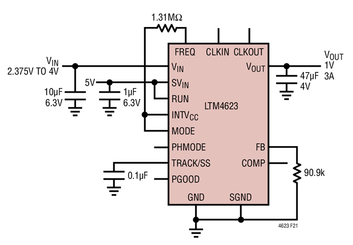 2.375VIN to 4VIN, 1V Output at 3A Design with 800kHz Reduced Frequency