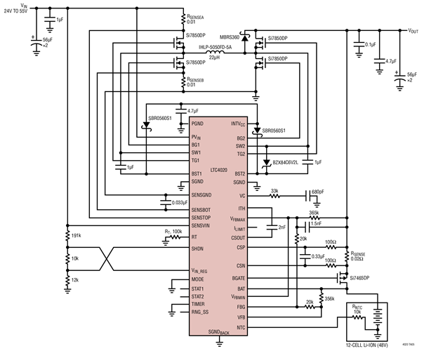 Remote 24V to 55VIN (48V system) to 12-cell Li-Ion (48V) PowerPath charger/system supply. 2.5A ICHARGE