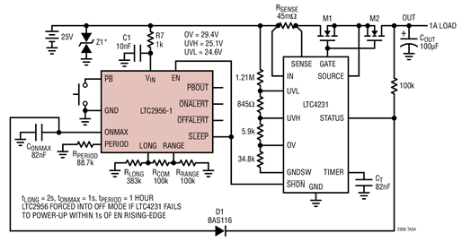 Micropower, Reverse Battery Protected Pushbutton Controller and Sleep Timer with Hot-Swap Controller