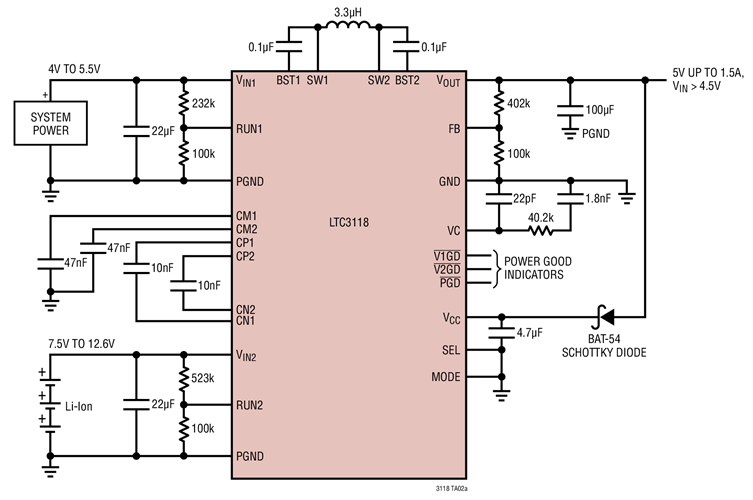 System Power (Priority) or 3-Cell Li-Ion to 5V VOUT Regulator with Automatic Burst Mode Operation