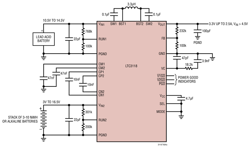 Dual Battery System to 3.3V VOUT, Runs from Lead Acid (Priority) When Present Automatic Burst Mode Operation