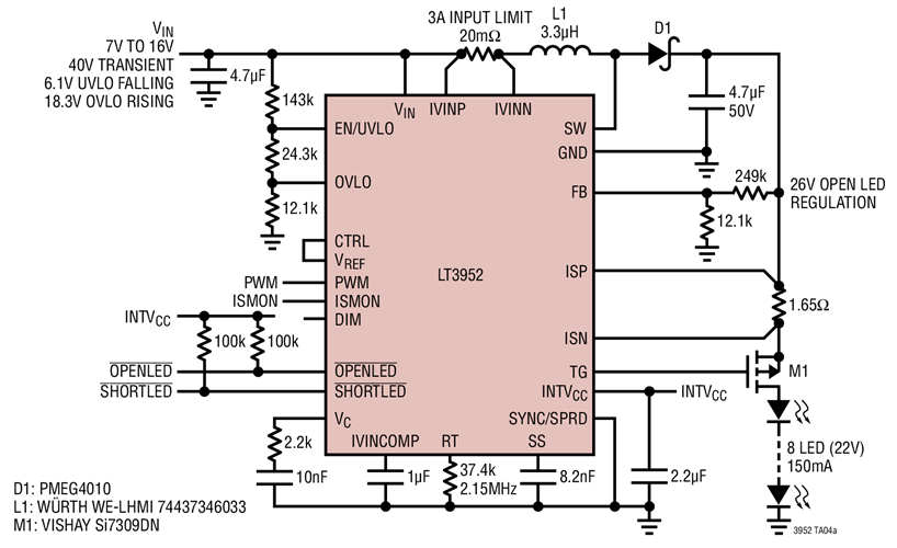 2MHz Boost LED Driver with 4000:1 PWM Dimming and Overvoltage Protection