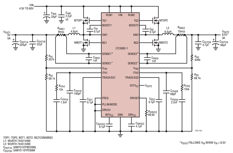 Figure 13. High Efficiency Dual-Phase Step-Down 5V/8.5V Converter with 8V Gate Drive