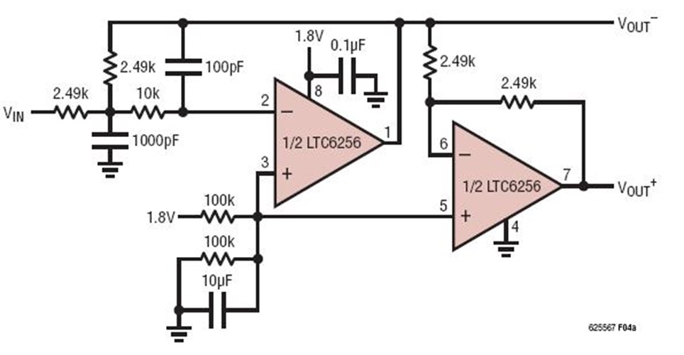 1.8V, 140uA, 100kHz, Lowpass Filter (Single-Ended Input and Differential Output)