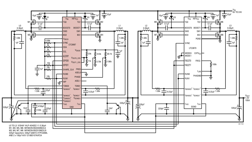 High Efficiency Quad 500kHz 1.2 Volt Step-Down Converter with a LTC3887 and LTC3870