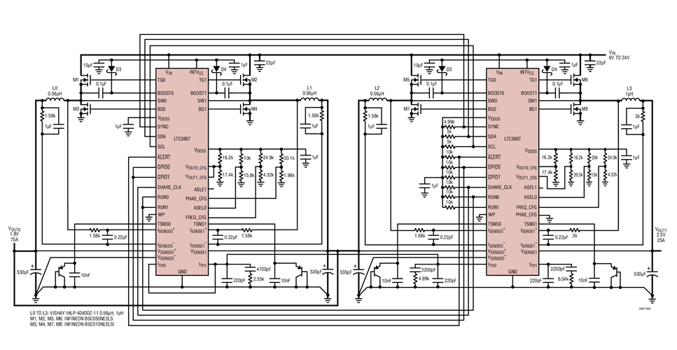 High Efficiency 425kHz 3-Phase 1.8V and 1-Phase 2.5V Step-Down Converter