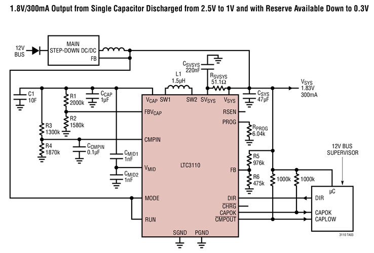 1.8V/300mA Output from Single Capacitor Discharged from 2.5V to 1V and with Reserve Available Down to 0.3V