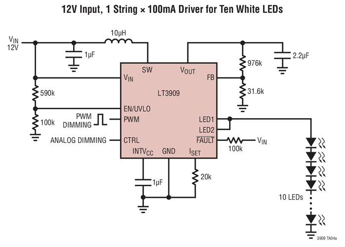 12V Input, 1 String × 100mA Driver for Ten White LEDs
