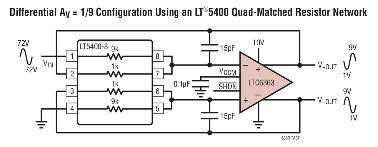 Differential AV = 1/9 Configuration Using an LT®5400 Quad-Matched Resistor Network