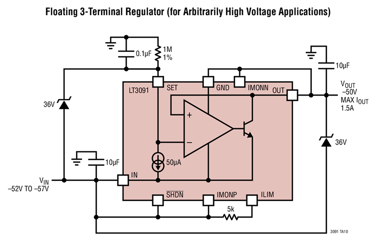 Floating 3-Terminal Regulator (for Arbitrarily High Voltage Applications)