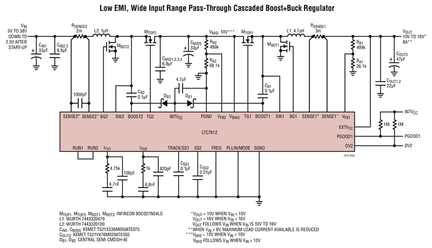 Low EMI, Wide Input Range Pass-Through Cascaded Boost+Buck Regulator