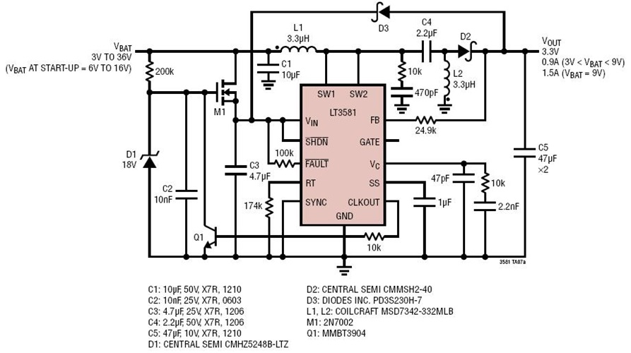 Wide Input Range, 3.3V SEPIC Converter Can Operate from 3V to 36V (Cold Crank)