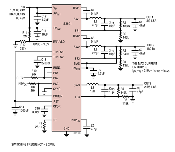 Wide Range Input Stepped Down to 5V, 2.5V and 8V (Delayed)