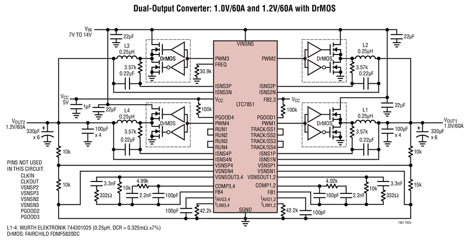 Dual-Output Converter: 1.0V/60A and 1.2V/60A with DrMOS