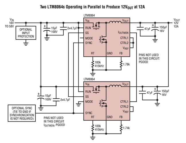 Two LTM8064s Operating in Parallel to Produce 12VOUT at 12A