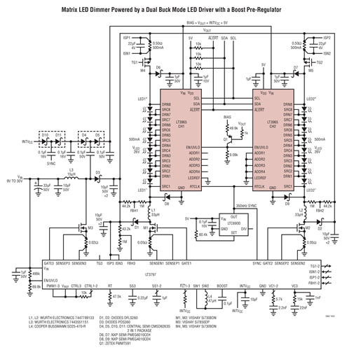 Matrix LED Dimmer Powered by a Dual Buck Mode LED Driver with a Boost Pre-Regulator