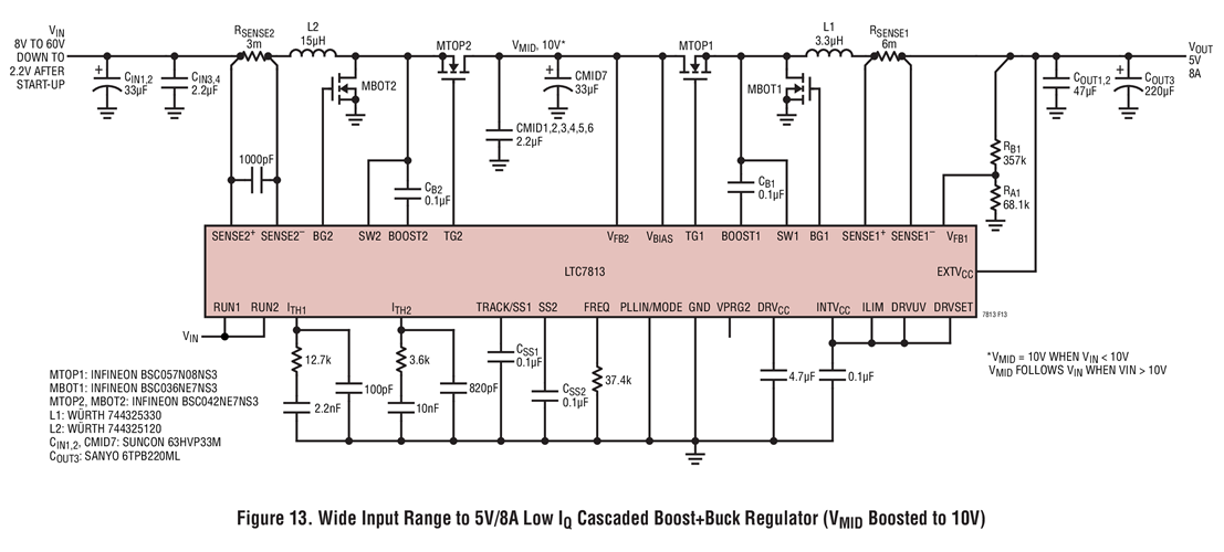 Figure 13. Wide Input Range to 5V/8A Low IQ Cascaded Boost+Buck Regulator (VMID Boosted to 10V)