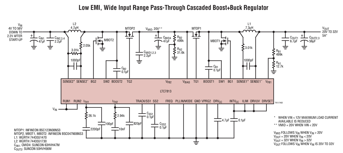 Low EMI, Wide Input Range Pass-Through Cascaded Boost+Buck Regulator