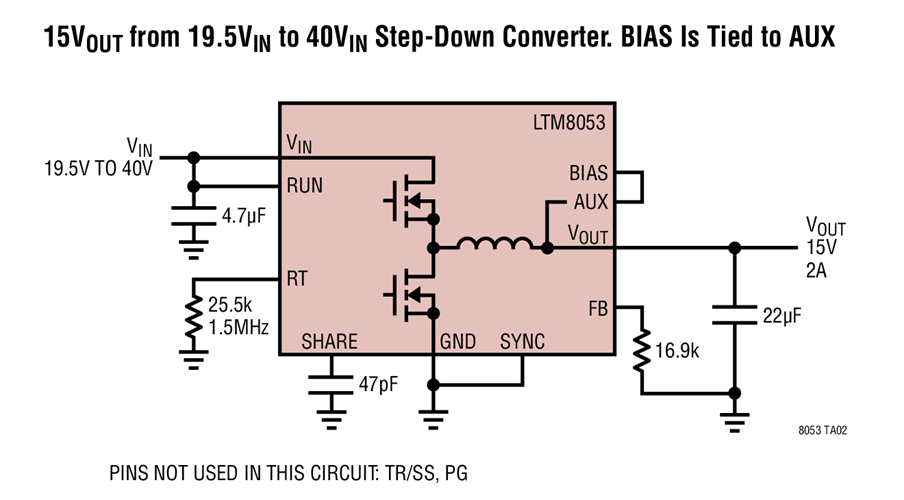 15VOUT from 19.5VIN to 40VIN Step-Down Converter. BIAS Is Tied to AUX