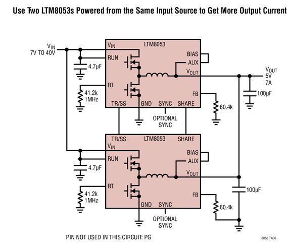 Use Two LTM8053s Powered from the Same Input Source to Get More Output Current