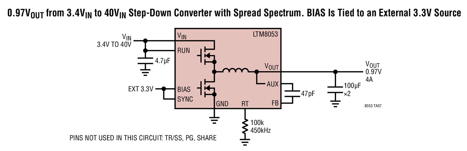 0.97VOUT from 3.4VIN to 40VIN Step-Down Converter with Spread Spectrum. BIAS Is Tied to an External 3.3V Source