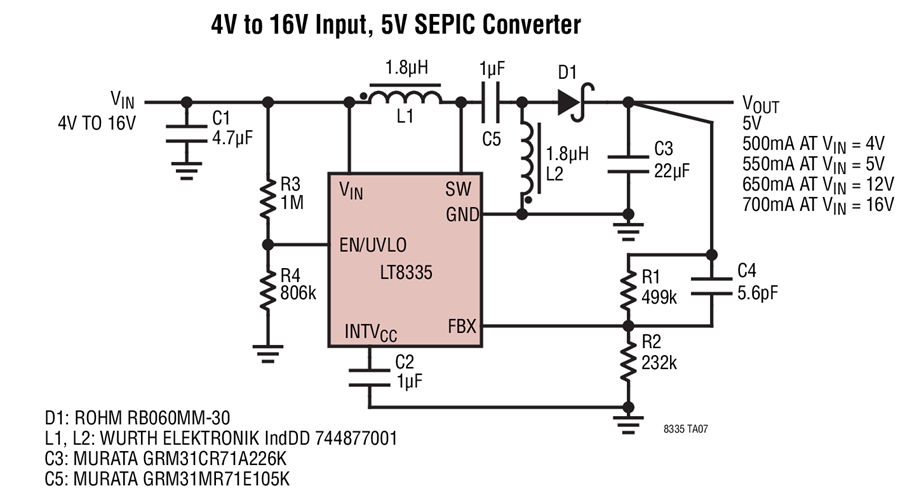 4V to 16V Input, 5V SEPIC Converter