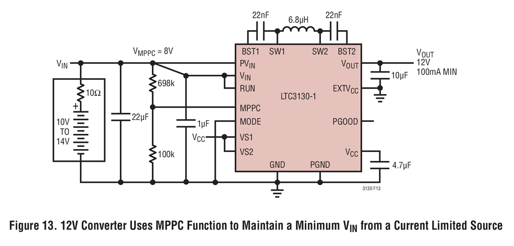 Figure 13. 12V Converter Uses MPPC Function to Maintain a Minimum VIN from a Current Limited Source