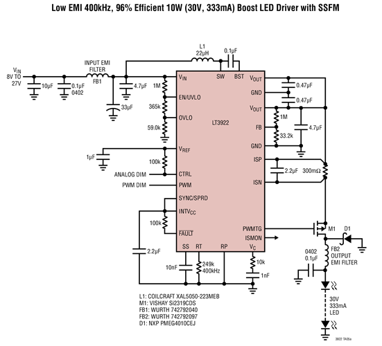 Low EMI 40llkHz, 96°/o Eificient 10W (30V, 333mA) Boost LED Driver with SSFM