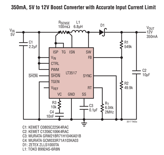 350mA, 5V to 12V Boost Convener with Accurate Input Current Limit