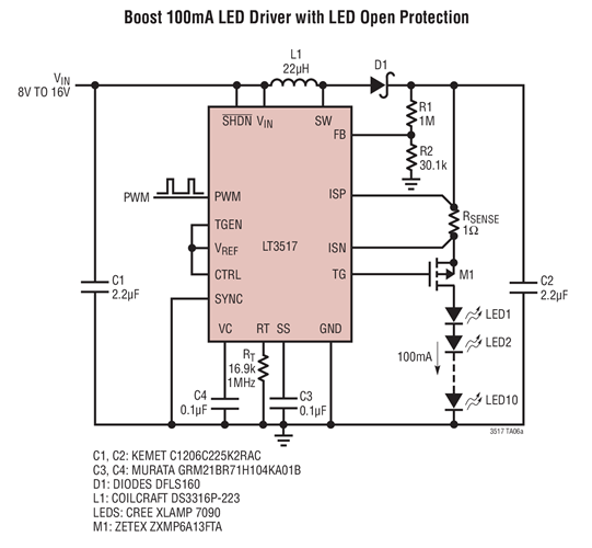 Boost 100mA LED Driver with LED Open Protection