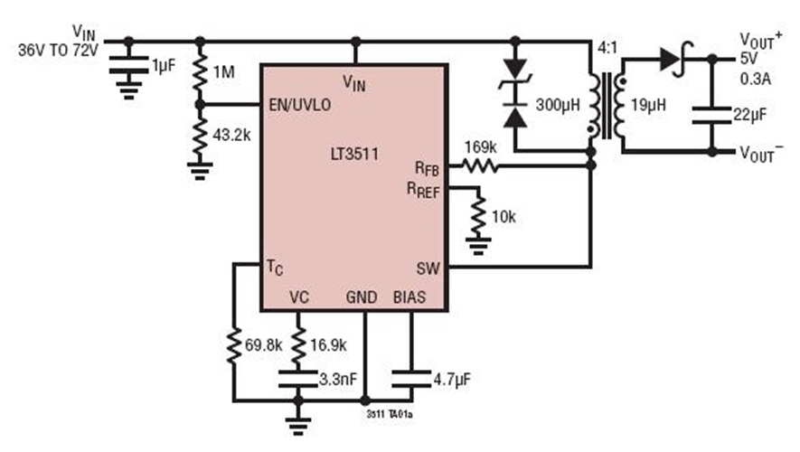 48Vin to 5Vout @ 0.3A Monolithic Isolated Flyback Converter (No Opto or Third Winding)