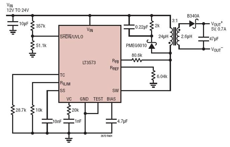 24Vin to 5Vout @ 0.7A Monolithic Isolated Flyback Converter  (No Opto or Third Winding)